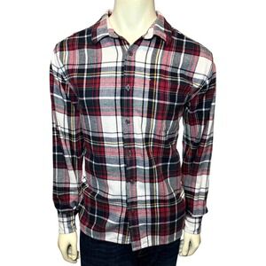 Eddie Bauer Flannel Shirt Mens XL Red Grey Plaid Excellent Herringbone Cotton